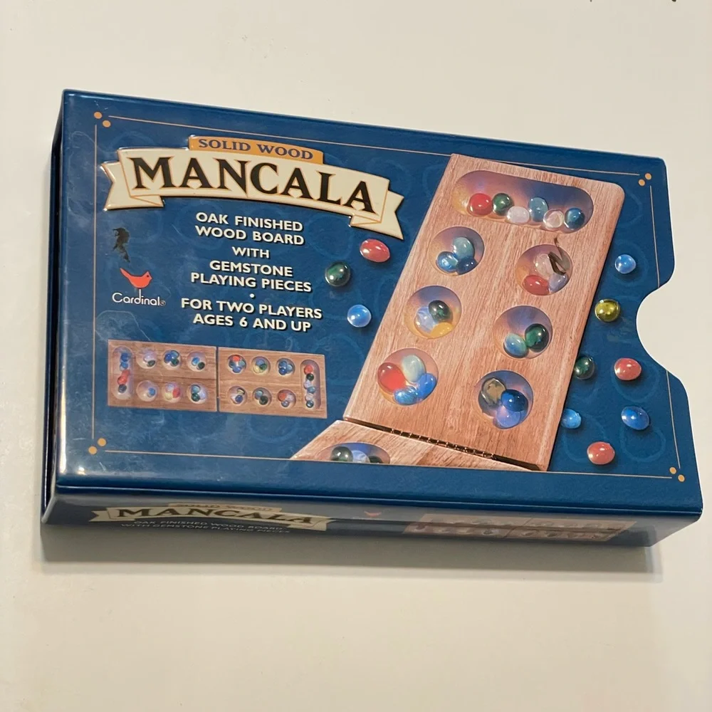 Folding Wooden Mancala Game with Colorful Stones In Metal Box